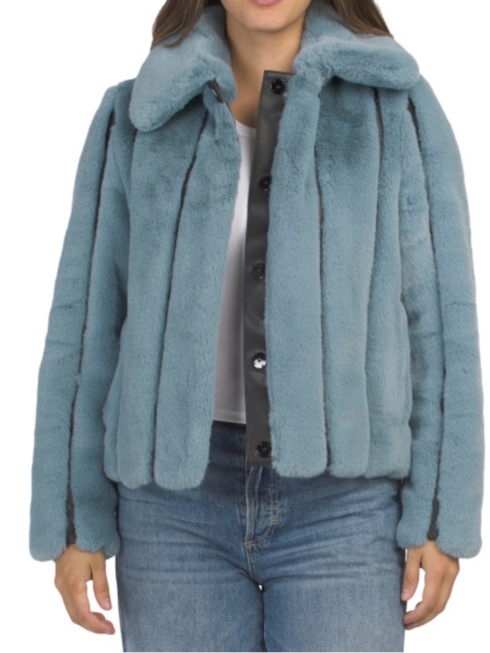 KARL LAGERFELD PARIS Snap Front Faux Mink Jacket With Faux Leather Channeling